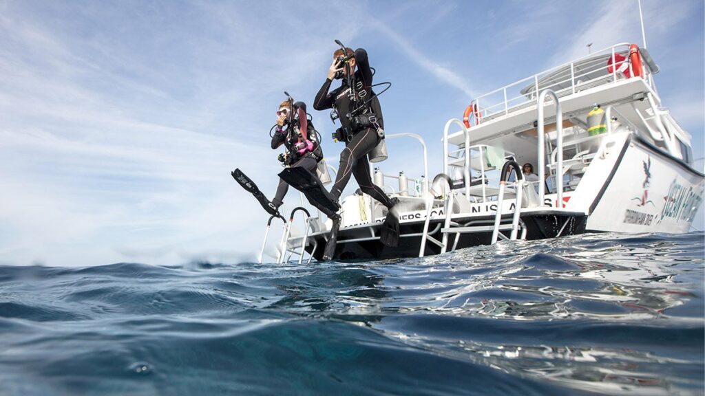 Jumping off back of boat with 2 tank boat dive