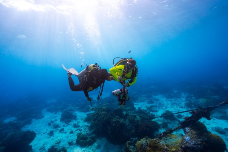 Two scuba divers navigating their way underwater in the ocean.