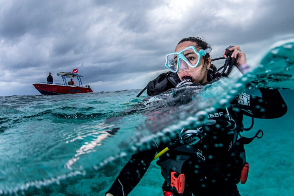 diver surfacing in the rain

